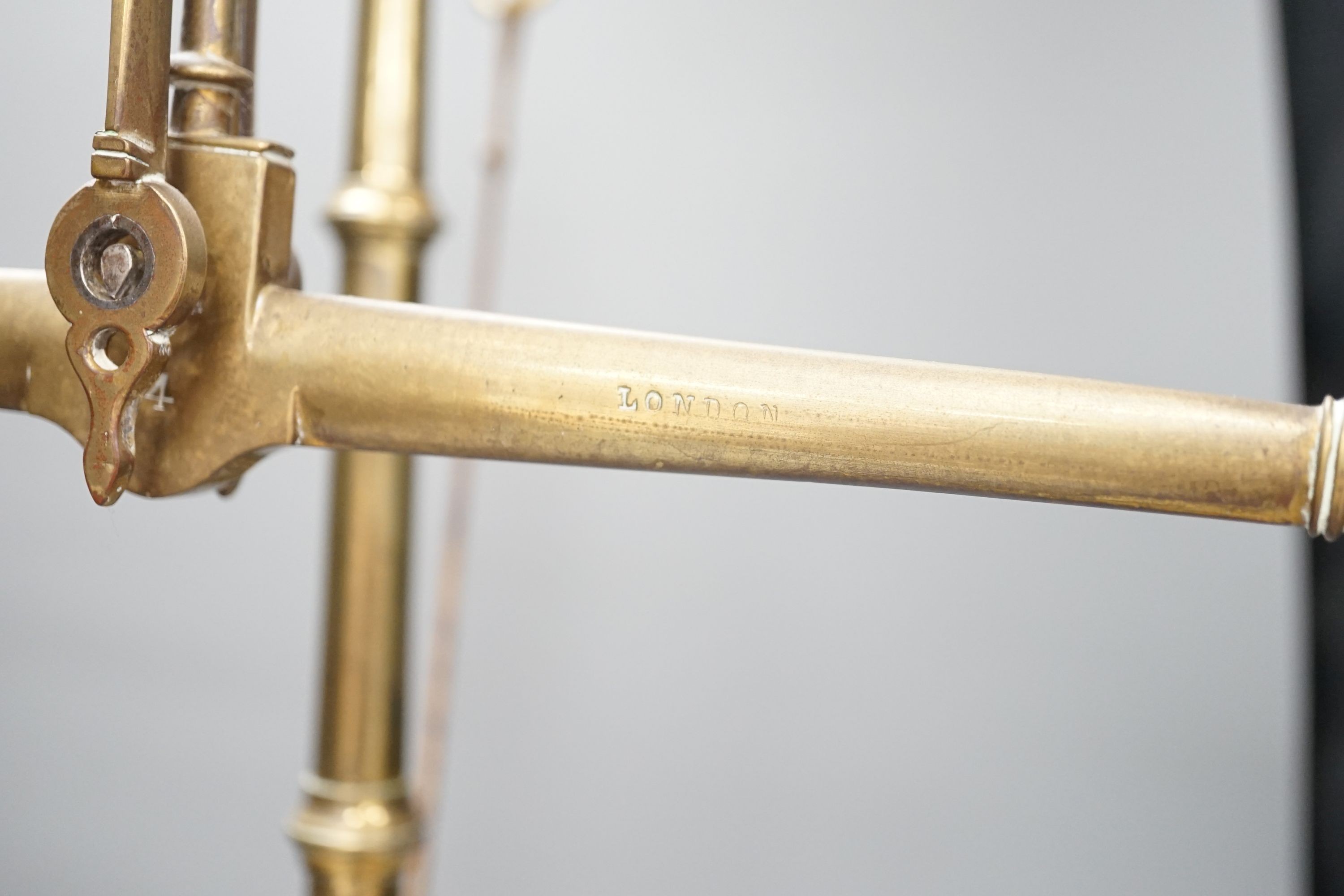 A Doyle & Son, London brass balance scale, 55cm. high